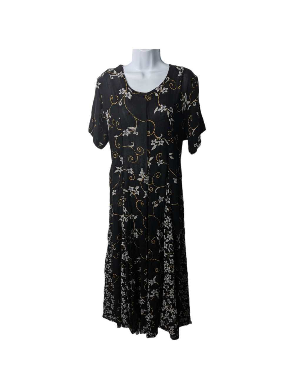 Vintage 90's Starina Floral Midi Dress Tie Back Black Blue Tan Rayon